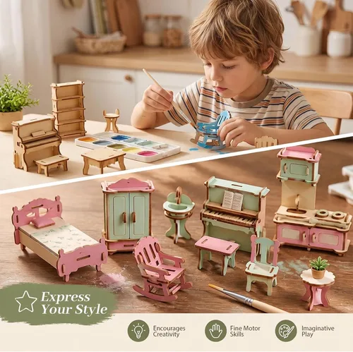 Vista 9 de LOVEINUSA Conjunto de muebles de casa de muñecas de madera, accesorios de habitación en miniatura del rompecabezas 3D, madera natural Miniature