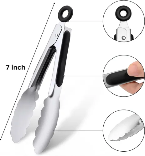 Vista 2 de Juego de 3 pinzas de cocina pequeñas de 7 pulgadas, pinzas de hielo de acero inoxidable, pinzas para alimentos, mini pinzas para servir aperitivos