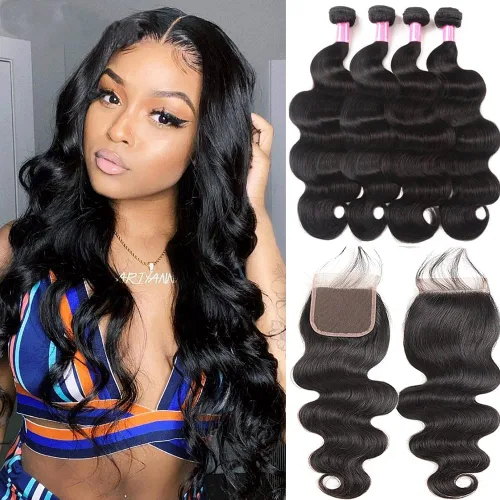 Vista 24 de Paquetes de Ondas Corporales con Cierre para Mujeres Negras (10 12 14+10) 100% Cabello Humano Brasileño de Ondas Corporales Sin Procesar 3 Paquetes