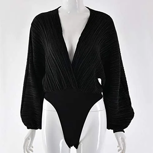 Vista 4 de Weigou - Body o enterizo de manga larga con cuello en V, plisado, holgado, para mujer, camisas de leotardo