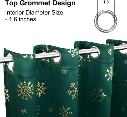 Vista 4 de FRAMICS Cortinas de Navidad con estampado de copos de nieve dorados en papel de aluminio, cortinas opacas con aislamiento térmico para sala de estar
