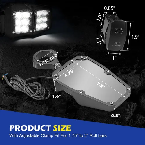 Vista 3 de WeiSen Espejos UTV con luces con cableado e interruptor de reinicio automático, espejos SXS para jaula enrollable de 1.75 a 2 pulgadas, espejo