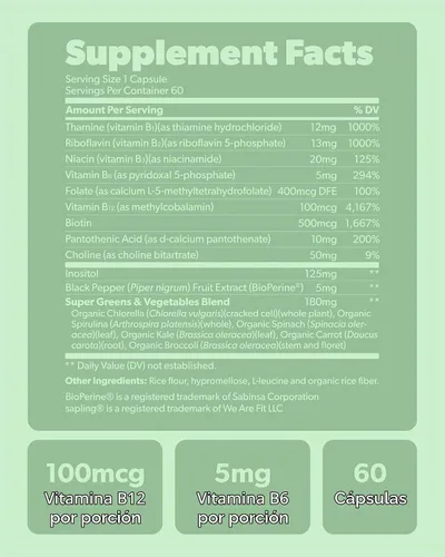 Vista 6 de sapling Complejo vegano de vitamina B, mezcla de alimentos integrales con vitaminas B esenciales B1, B2, B3, B5, B6, B7, folato, B12-60 cápsulas