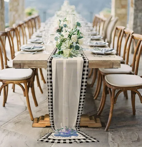 Vista 4 de Double Love Flower Black Plaid Chiffon Table Runner 55 Inches Long, Voile Sheer Tulle Runner for Rustic Wedding Reception Bridal Shower Decorations