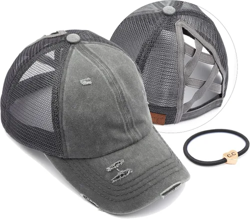 Vista 56 de C.C Gorra de béisbol de malla con diseño de estrella brillante, gorra de camionero ajustable para moño o cola de caballo Una banda elástica-negro