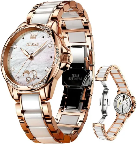 Vista 8 de OLEVS Reloj para mujer automático automático mecánico reloj de pulsera para mujer, cara grande, dos tonos, acero inoxidable, pulsera de cerámica