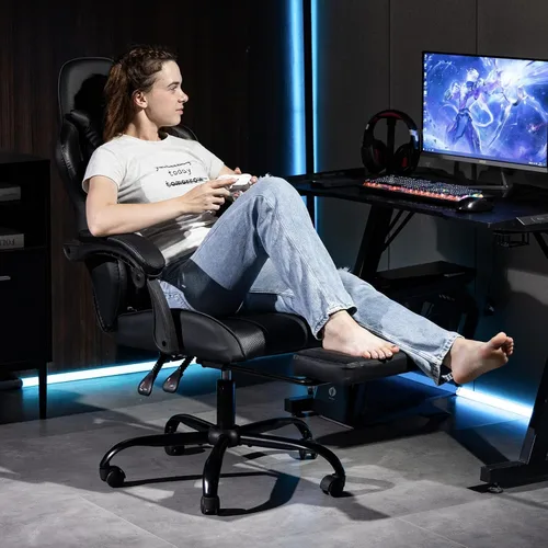 Vista 2 de Silla de juegos con reposapiés para adultos, silla de videojuegos de carreras de piel sintética, con soporte lumbar, para hombres y mujeres, silla