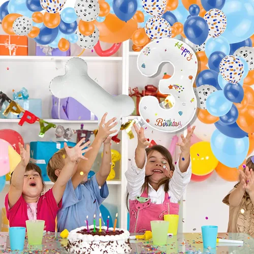 Vista 3 de Juego de 118 globos azules y naranjas de tercer cumpleaños, globos de pata de perro, suministros para fiestas de cumpleaños Blue3
