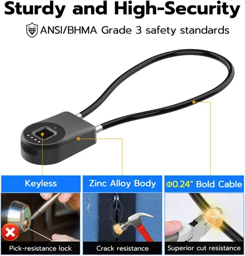 Vista 4 de Anweller Candado de cable de huellas dactilares, grillete pequeño de 14 pulgadas de largo, entrada sin llave, biométrico, Bluetooth, bloqueo
