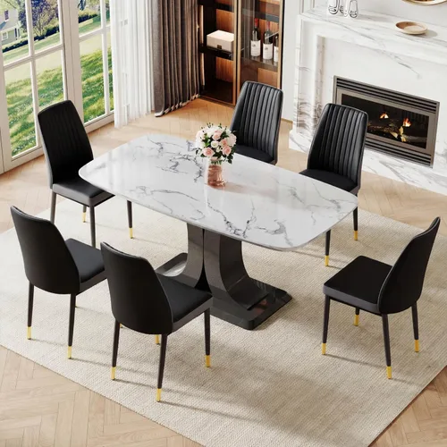 Vista 17 de Juego de mesa de comedor moderno para 6, juego de mesa de cocina y sillas de mármol para 6, mesa de cocina rectangular con 6 sillas tapizadas