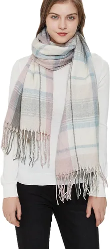 Vista 10 de Wander Agio Chal Largo de Moda para Mujer con Cuadrícula Grande, Bufanda Grande Cálida de Rejilla para Invierno Beige