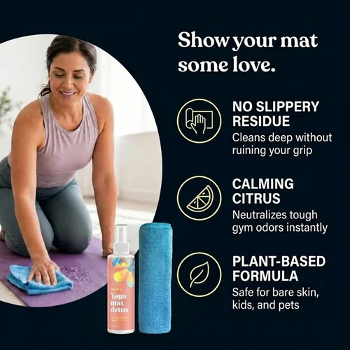 Vista 2 de Limpiador de colchoneta para yoga 100% natural y orgánico, SEGURO PARA TODAS LAS COLCHONETAS, no deja residuos pegajosos o viscosos, limpia
