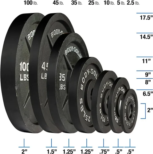 Vista 3 de Body-Solid Juego de platos olímpicos de hierro fundido, placas de mancuernas con agujero estándar de 2 pulgadas para todos los tipos de pesas
