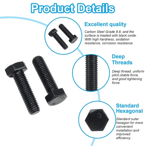 Vista 3 de Tornillos hexagonales M6, pernos de cabeza hexagonal M6-1.0 x 16mm, acero al carbono Grado 8.8, acabado de óxido negro, rosca completa, pernos