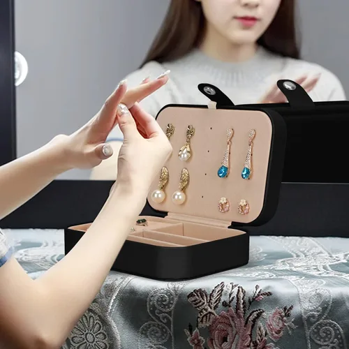 Vista 7 de Joyero organizador, 2 capas de poliuretano organizador de joyas de viaje, caja de joyería portátil para niñas y mujeres, caja de almacenamiento