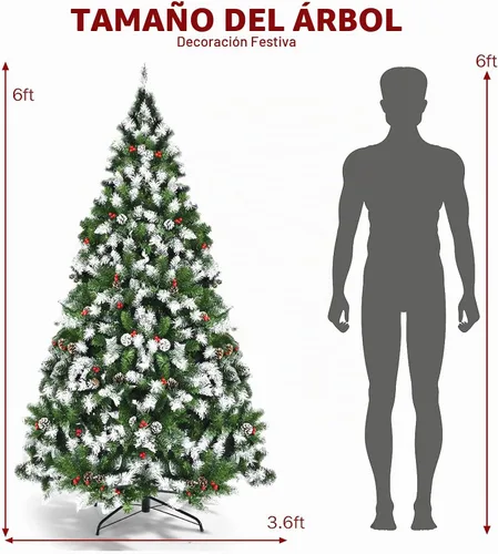 Vista 7 de Goplus - Árbol de Navidad artificial preiluminado de 1.8 m con bisagras, cubierto de nieve, con piñas, bayas rojas y 250 luces LED, 8 modos