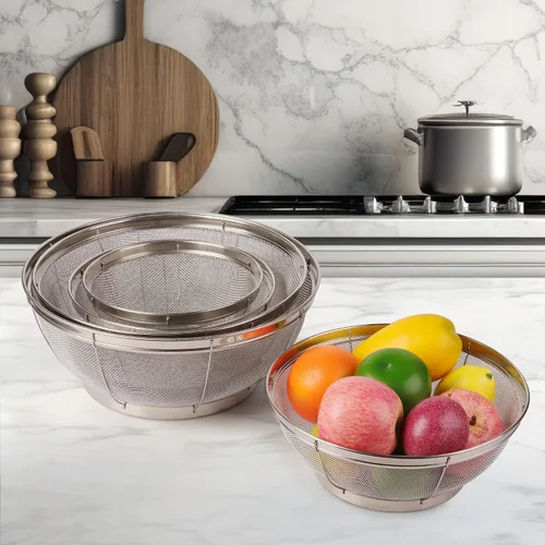 Vista 4 de Tiawudi Paquete de 5 coladores para cocina, colador de acero inoxidable 18/8, colador de malla fina para pasta, arroz y frutas, tamiz para colar