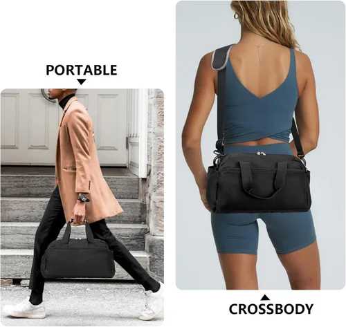 Vista 4 de Bolsa de gimnasio pequeña de 14 pulgadas para mujeres y hombres, mini bolsa de lona para viajes, deportes, bolsa de transporte ligera, color negro