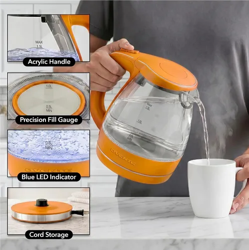 Vista 4 de OVENTE Hervidor Eléctrico, 1.5L de Vidrio de Borosilicato para Encimera, Calentador y Hervidor de Agua para Café o Té, Libre de BPA, Apagado Naranja
