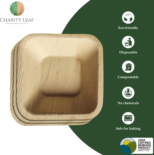 Vista 2 de Cuencos mini cuadrados desechables de hoja de palma de 2.5" (100 piezas) Similar al bambú Todo natural y biodegradable Para tablas