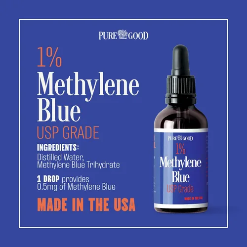 Vista 3 de PureGood Azul de metileno 1% Líquido – 10 mg por 1 mL Porción – 1.0 fl oz (1 fl oz) – Aproximadamente 30 porciones – Probado por terceros – Botella