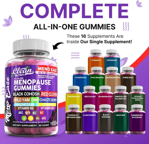 Vista 5 de Suplemento para la menopausia para mujeres en gomitas con cohosh negro, ñame silvestre, DIM, magnesio, trébol rojo, agracejo para el equilibrio