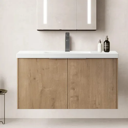 Vista 18 de SSLine Juego de tocador de baño montado en la pared con lavabo moderno de 24 pulgadas con lavabo superior y armario de almacenamiento, armario
