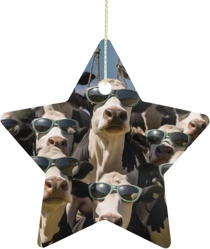 Vista 11 de Adorno de vacas en gafas de sol de porcelana de doble cara de 3 pulgadas, casa de campo, árbol de Navidad, accesorios para colgar, adorno de regalo