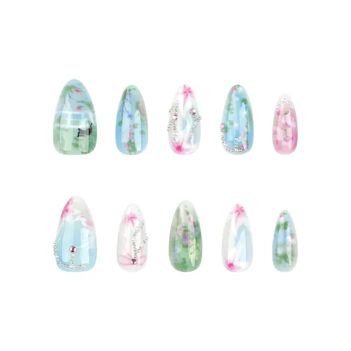 Vista 4 de RTKHFZE Uñas postizas a presión con forma de ataúd de almendra, uñas postizas medianas a presión para primavera y verano, con diseños de flores