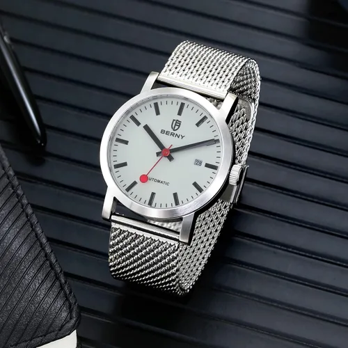 Vista 5 de BERNY Reloj automático clásico para hombre, reloj mecánico de cuerda automática MIYOTA 8215, correa de acero inoxidable, 5ATM, impermeable, esfera