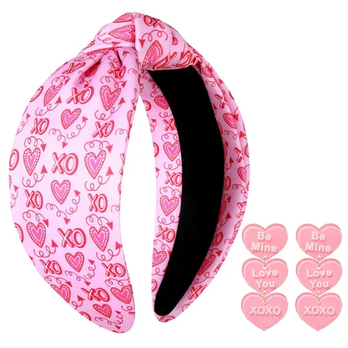 Vista 79 de YAHPERN Diadema para el día de San Valentín para mujer, colorida diadema de algodón con estampado de corazón de conversación XOXO Love, diadema
