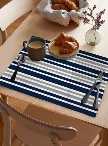 Vista 3 de Juego de 6 manteles individuales lavables de lino y algodón para cocina, mesa de comedor, color azul marino, gris y blanco, a rayas