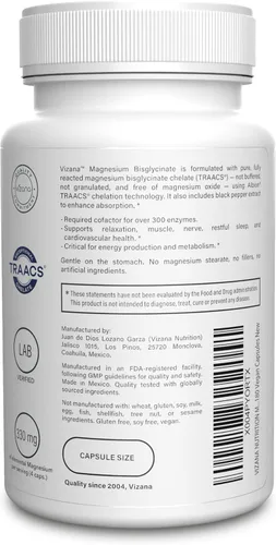 Vista 3 de Bisglicinato de Magnesio VIZANA - Quelato Albion® TRAACS® 100% puro - 330 mg de magnesio elemental - 180 cápsulas veganas