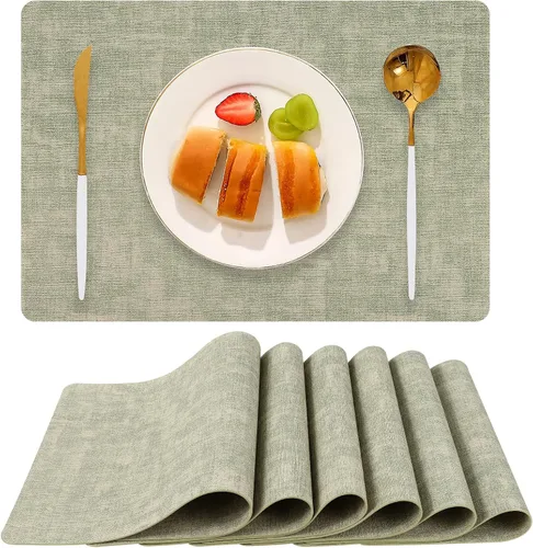 Vista 14 de Juego de 6 manteles individuales de piel sintética (beige) Heat Resistant Wipeable Washable Place Mats, Waterproof Anti-Slip Dining Table Mats