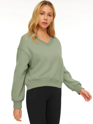Vista 3 de AUTOMET Sudadera corta de manga larga para mujer, de forro polar, cuello en V