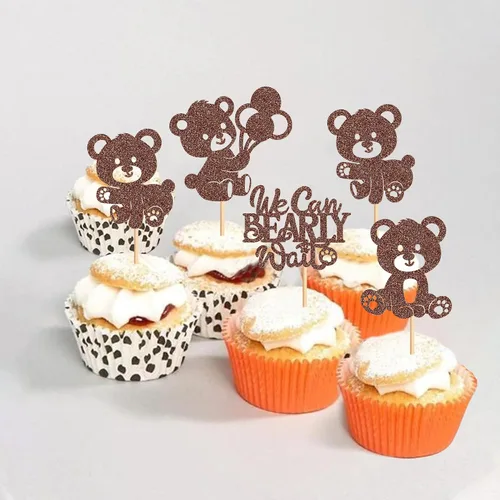 Vista 2 de 24 piezas de decoración para cupcakes con temática de "We Can Bearly Wait" Oso de globos brillantes, decoración temática de revelación de género