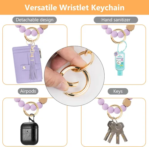 Vista 4 de Cartera llavero pulsera para mujer, delgado RFID tarjeta de crédito, monedero, borla llavero brazalete para hombres y mujeres, Púrpura