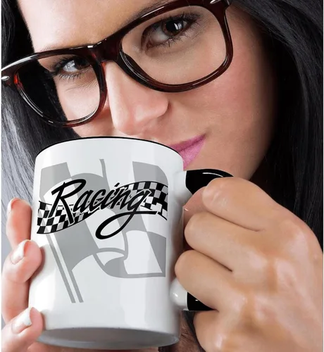 Vista 2 de 3dRose Taza de café, tamaño – 15 oz – Bandera de carreras a cuadros en blanco y negro PS Creations – divertido regalo de taza de café