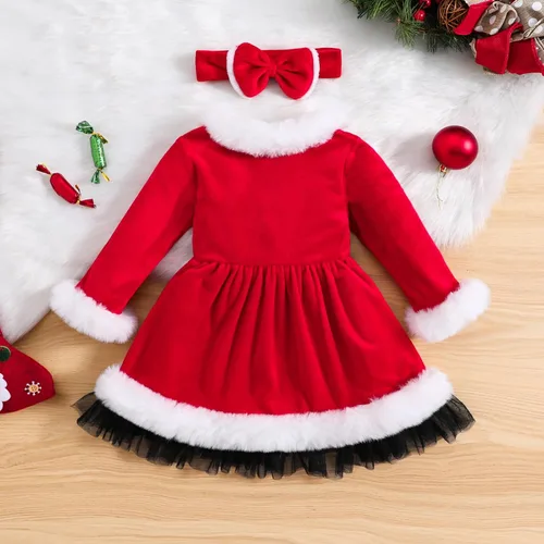 Vista 7 de Vestido de Navidad para niña pequeña, ropa de manga larga, color rojo, Papá Noel, princesa, fiesta, cosplay, vestidos para la cabeza