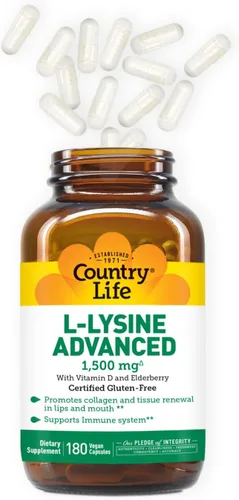 Vista 2 de Country Life Cápsulas de L-lisina de 1500 mg con vitamina D y saúco - Apoyo inmunológico avanzado y renovación del colágeno - Certificado sin gluten