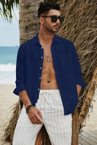 Vista 5 de JMIERR Camisa de vestir de manga larga con botones y lino de algodón para hombre