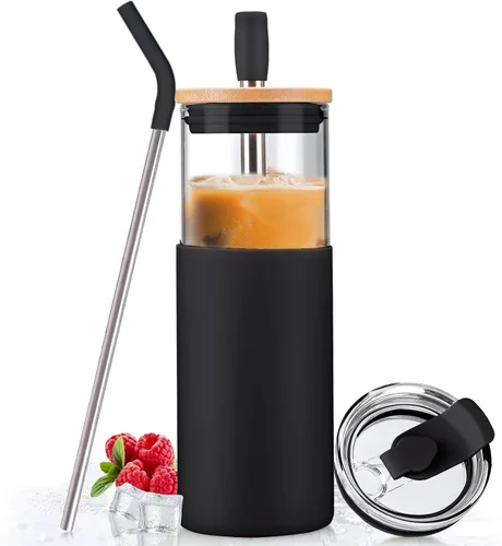 Vista 16 de Kodrine Vaso para agua de vidrio de 20 onzas con popote y tapa, botella de agua con tapas de bambú, taza para café helado, reutilizable, boca ancha