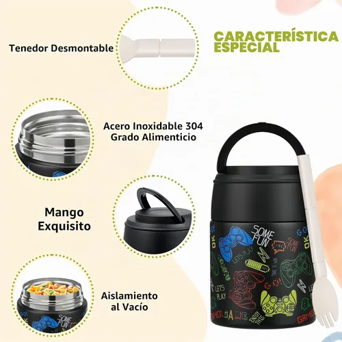 Vista 4 de Termo de sopa de 10 onzas para comida caliente para niños, recipiente de comida aislado con cuchara y boca ancha, acero inoxidable, a prueba