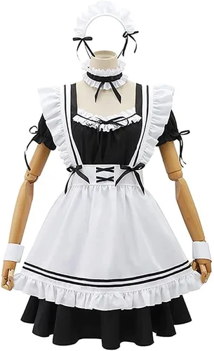 Vista 3 de Vestido de sirvienta de anime japonés para mujer, estilo clásico, elegante, delantal, con calcetines