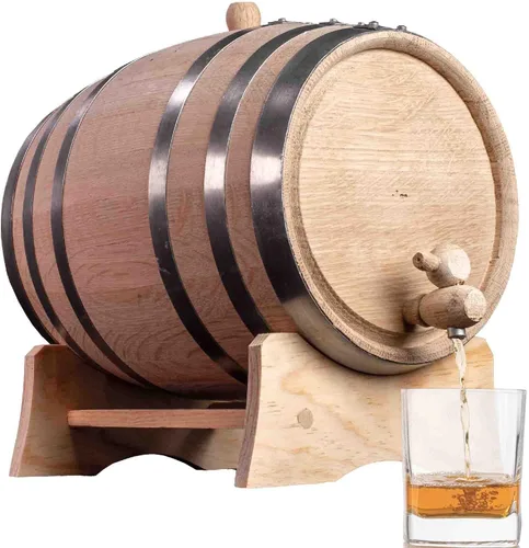 Vista 9 de Barril de envejecimiento de roble de 1 litro (Serie de destilería - aros de acero, sin barnizar) con soporte de madera, bung y espita - Barriles