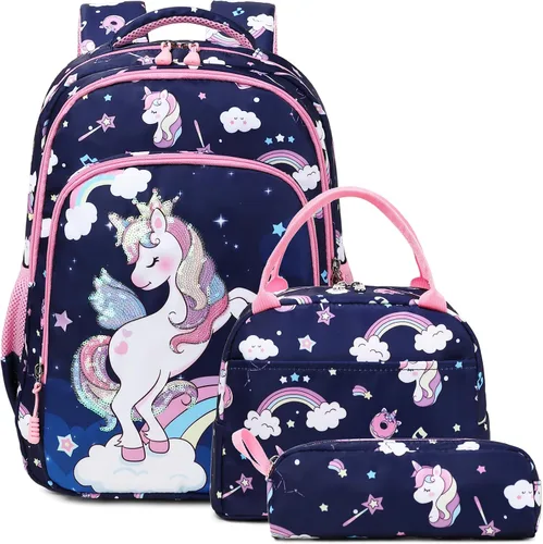 Vista 14 de Juego de mochila para niñas y adolescentes, mochila escolar para niños con bolsa para el almuerzo, estuche para lápices, mochilas escolares
