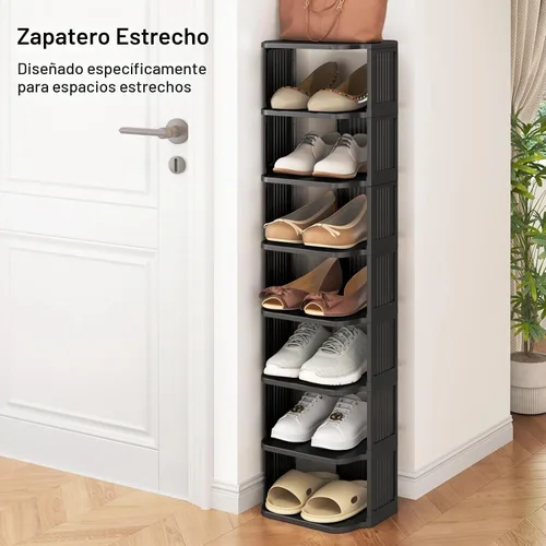 Vista 4 de Zapatero para armario, de 5 niveles apilables, para entrada de puerta delantera, independiente, soporte de plástico estrecho y alto, vertical Negro