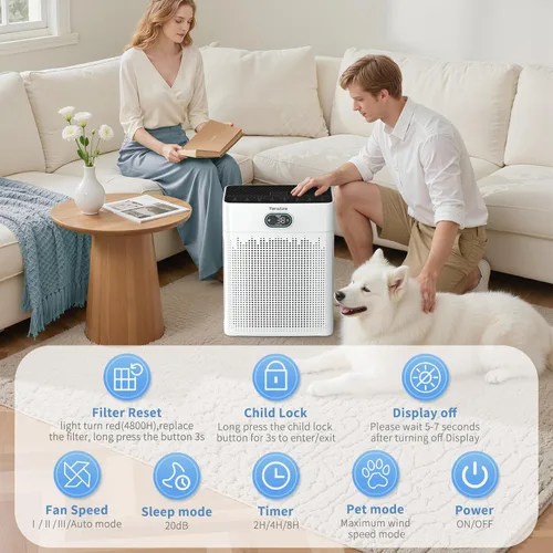 Vista 3 de Purificadores de aire para el hogar, cubierta de monitor de calidad del aire PM 2.5 de hasta 2200 pies cuadrados con modo mascota, temporizador
