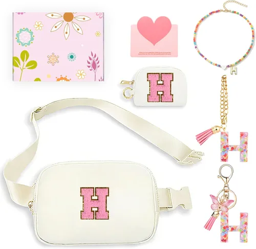 Vista 37 de Regalos de moda para niñas adolescentes, cangurera con monograma para niña con llavero, collar, dijes de taza, tarjeta de felicitación y caja