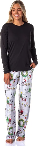 Vista 2 de Peanuts - Pantalones de pijama de Navidad para mujer, diseño de Charlie Brown Snoopy Santa